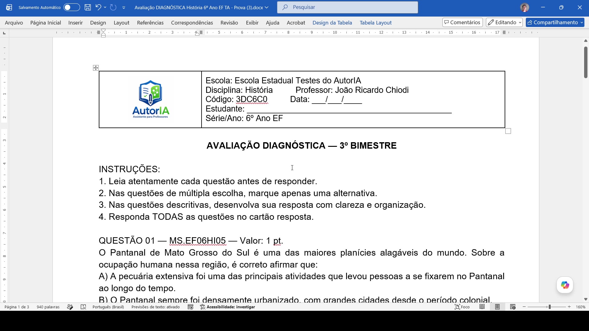 Prova criada pelo AutorIA aberta no Word