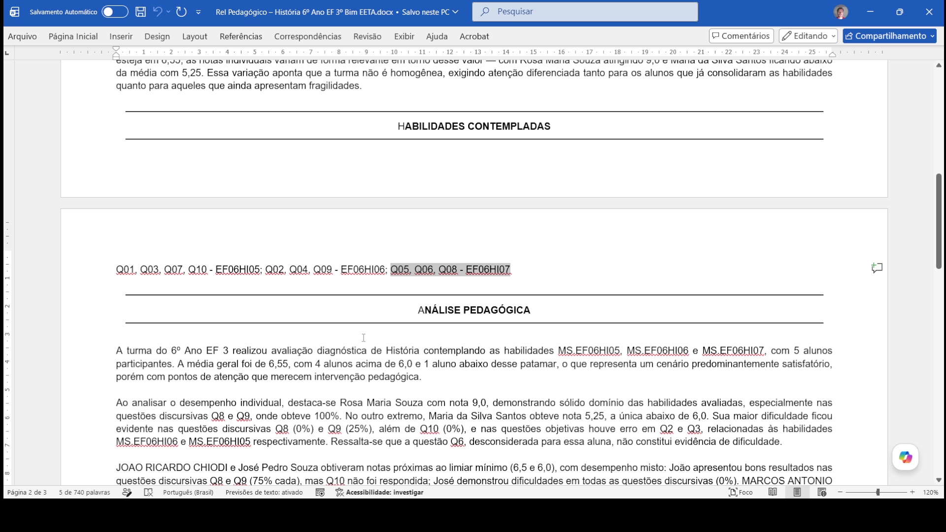 Relatório de resultados da turma aberto no Word