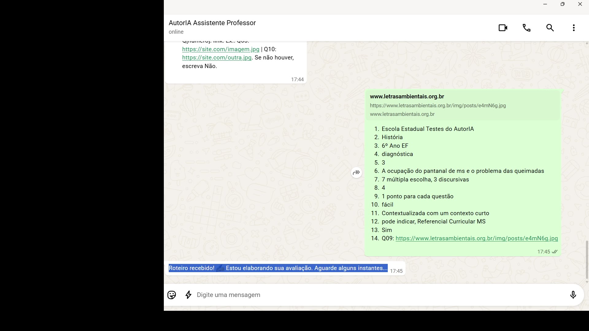 Criação de prova pelo AutorIA no WhatsApp